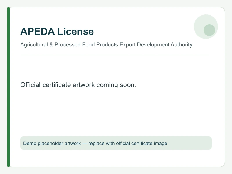 APEDA License — placeholder artwork to be replaced with the official certificate